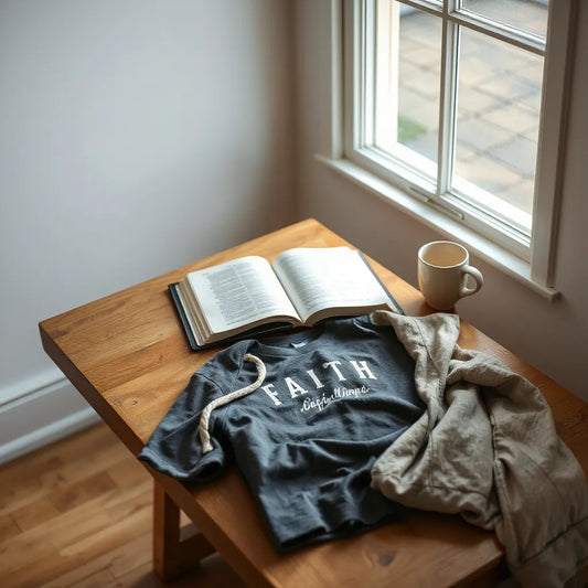 Inspirational hoodie and scripture shirt beside an open Bible on a sunlit study table