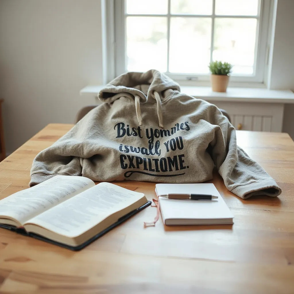 Open Bible on a wooden table with a folded inspirational hoodie and scripture shirt nearby