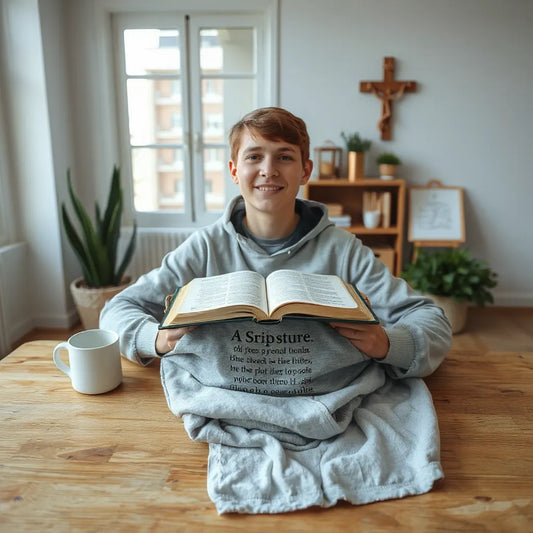 Open Bible on a table with a scripture shirt and inspirational hoodie nearby in warm natural light