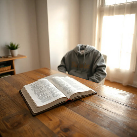 Cozy scripture shirt and inspirational hoodie beside an open Bible on a wooden table