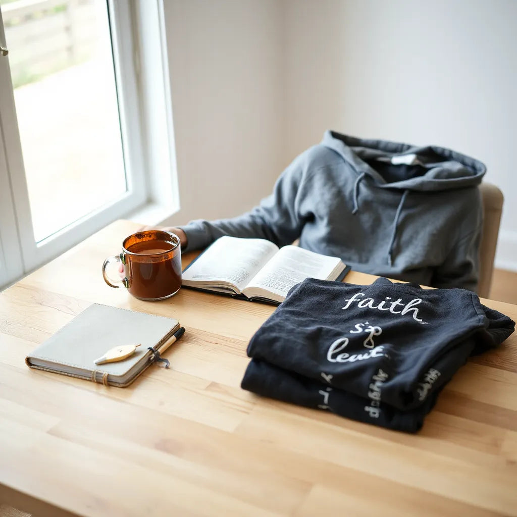 Open Bible on a table beside a dark hoodie and sweatshirt in warm natural light