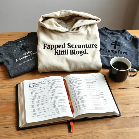 Open Bible on a table with a folded inspirational hoodie and scripture shirts in a calm study setting
