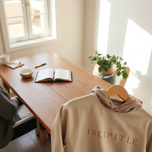 Open Bible on a table with a scripture shirt and inspirational hoodie in soft morning light