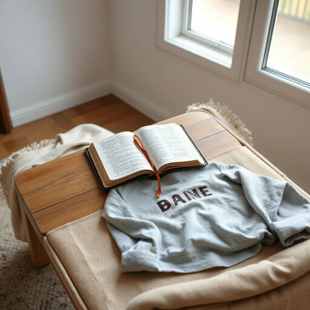 Open Bible on a table with a folded scripture-style shirt and inspirational hoodie in warm light