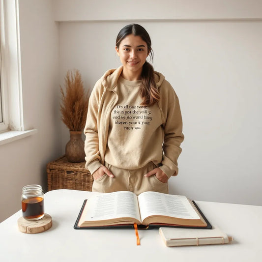 Person wearing an inspirational scripture shirt beside an open Bible and journal in soft morning light