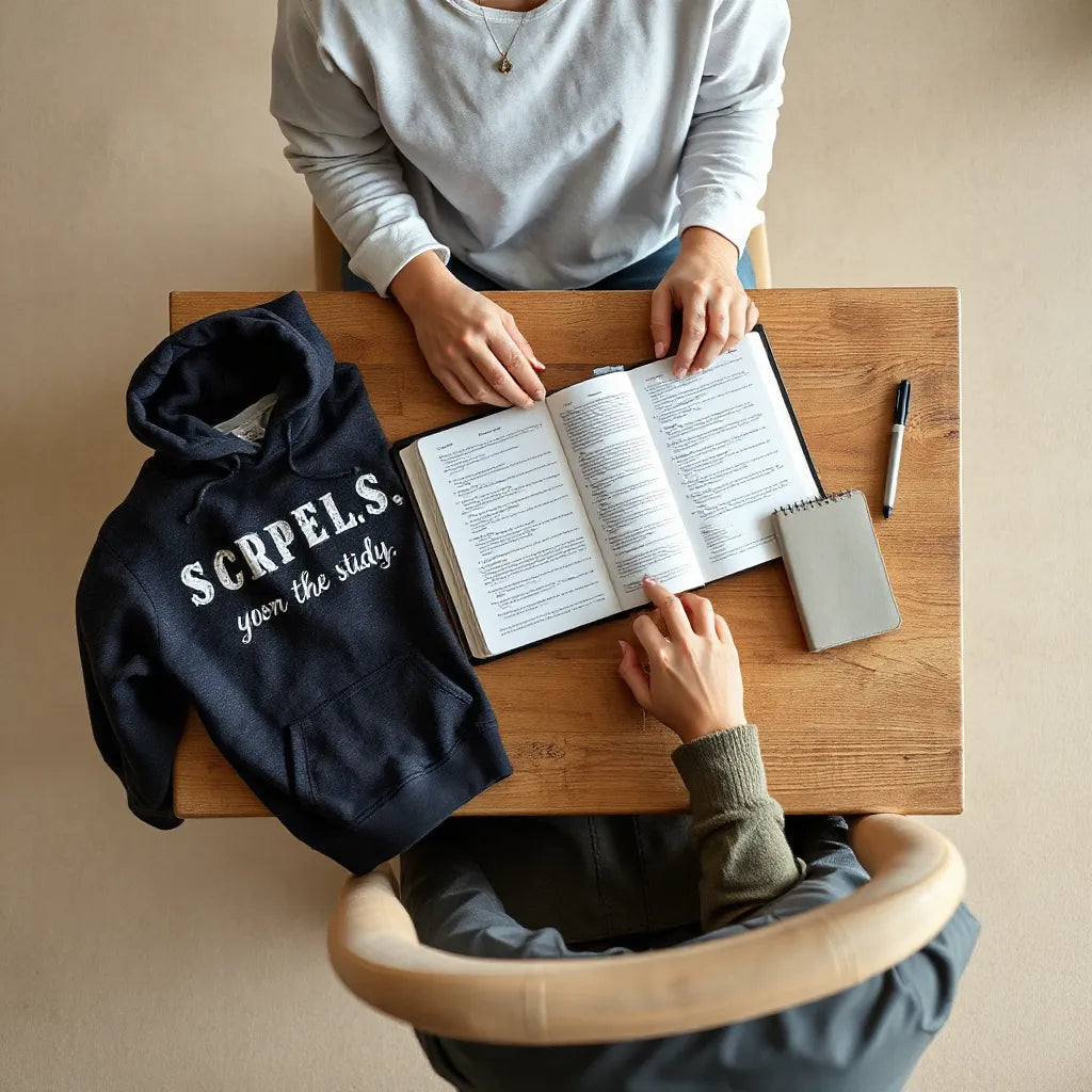 Open Bible on a table with inspirational hoodie and scripture shirt laid out nearby in warm light