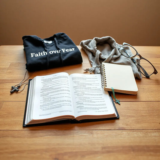 Folded scripture shirt and inspirational hoodie beside an open Bible for a calm Bible study morning