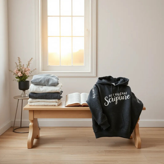Scripture shirts and an inspirational hoodie beside an open Bible in warm morning light