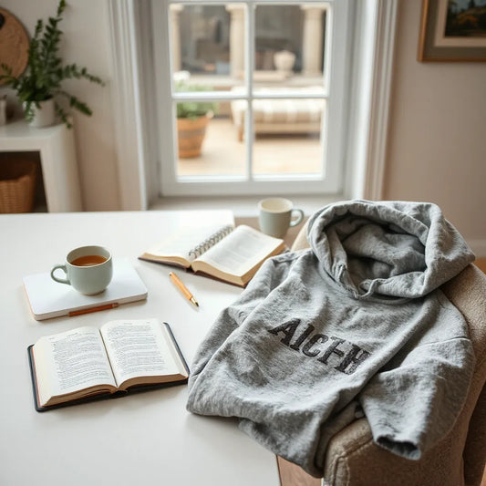An open Bible on a study table with folded scripture shirts and an inspirational hoodie nearby