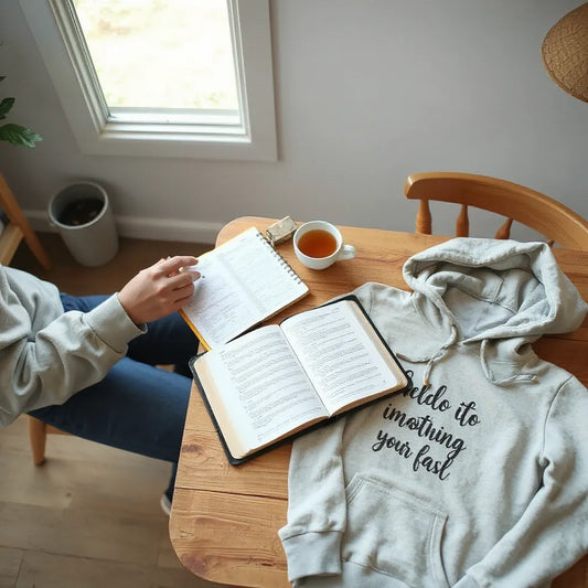 Person doing Bible study at a wooden table with a scripture-themed hoodie nearby