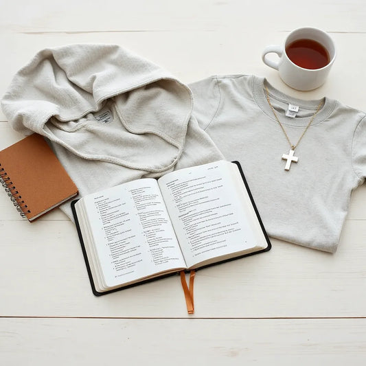 Open Bible beside neutral hoodie and folded scripture-themed shirt on a desk during quiet Bible study