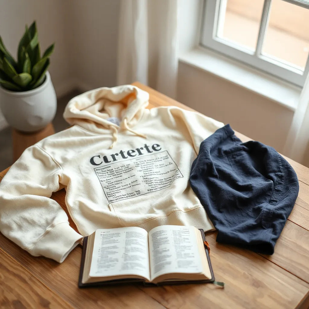 Open Bible beside an inspirational hoodie and scripture-themed Christian shirt on a wooden table
