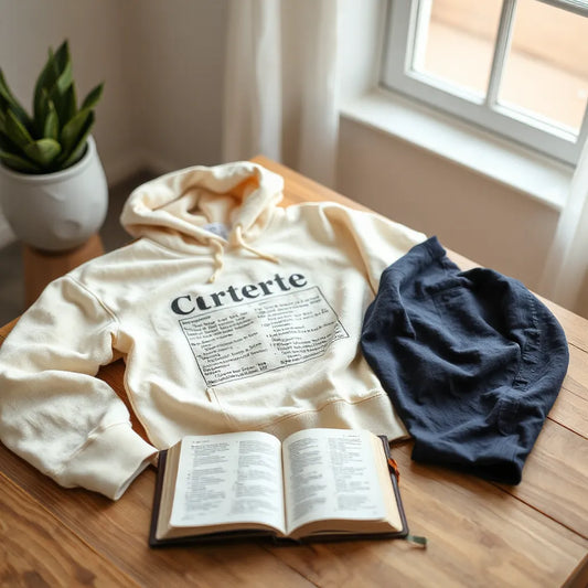 Open Bible beside an inspirational hoodie and scripture-themed Christian shirt on a wooden table