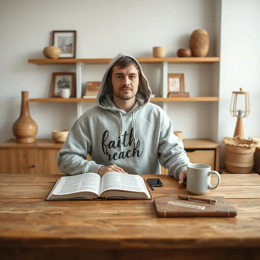 Person in an inspirational hoodie studying an open Bible at a wooden table