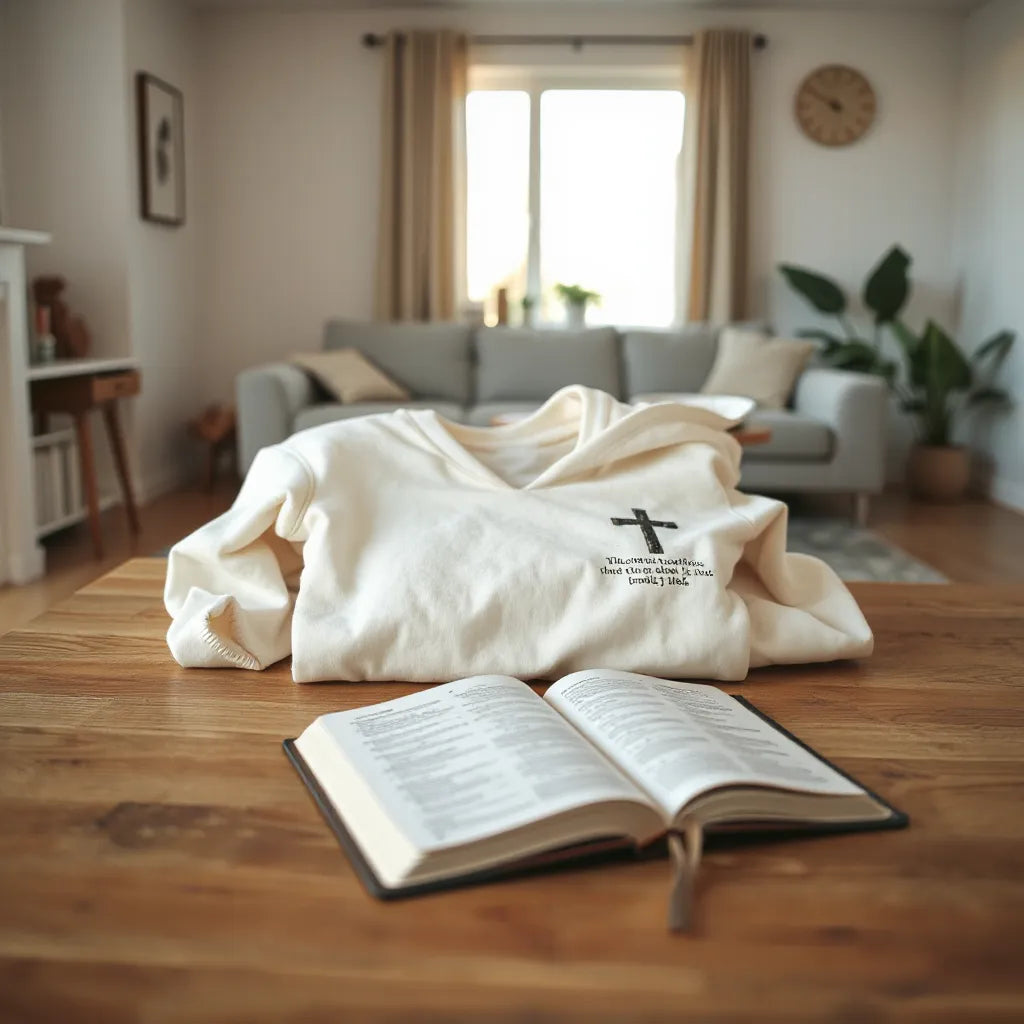 Open Bible on a table beside a scripture shirt and inspirational hoodie in warm natural light