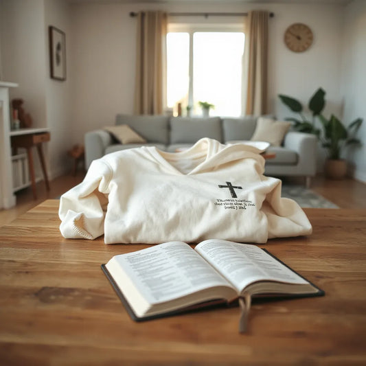 Open Bible on a table beside a scripture shirt and inspirational hoodie in warm natural light