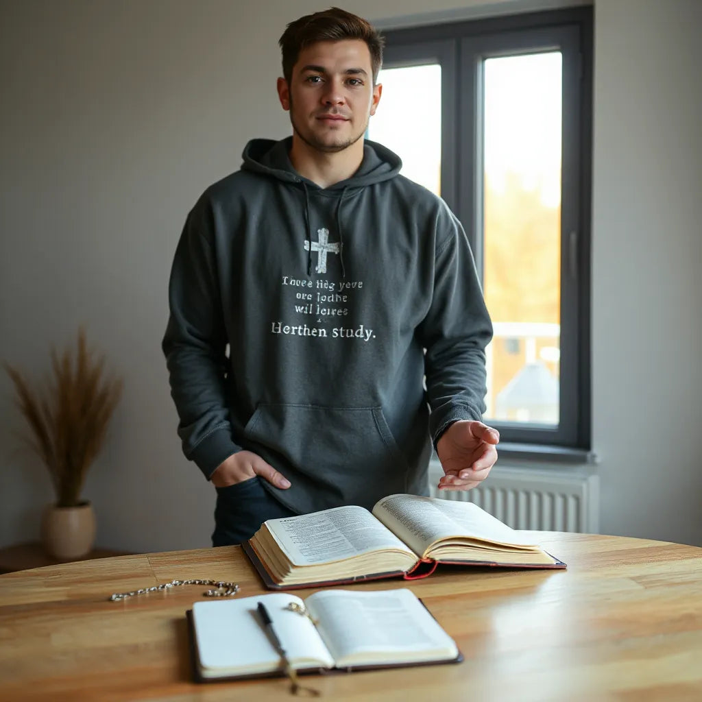 Person in an inspirational hoodie holding an open Bible in a cozy Christian study setting