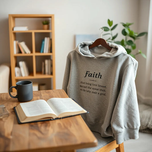 Open Bible on a desk with a folded inspirational hoodie and scripture shirt nearby in warm light