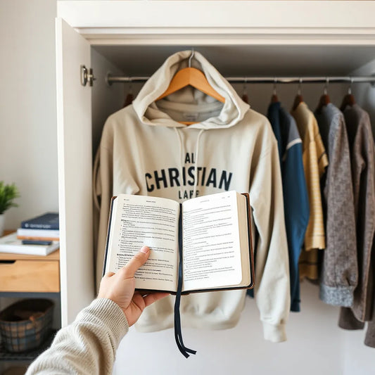 Hands choosing a hoodie and scripture shirt beside an open Bible during a quiet study