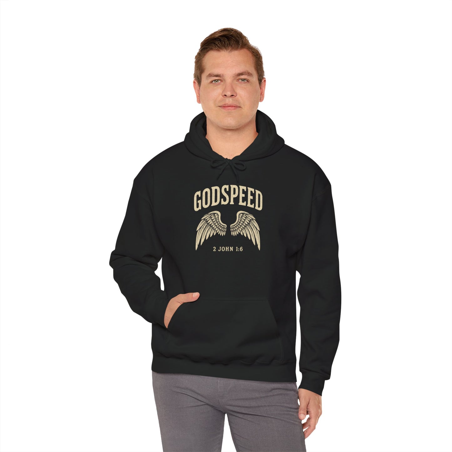 Vintage Godspeed Hoodie – Faith Streetwear with Wings Graphic, 2 John 1:6 Bible Verse