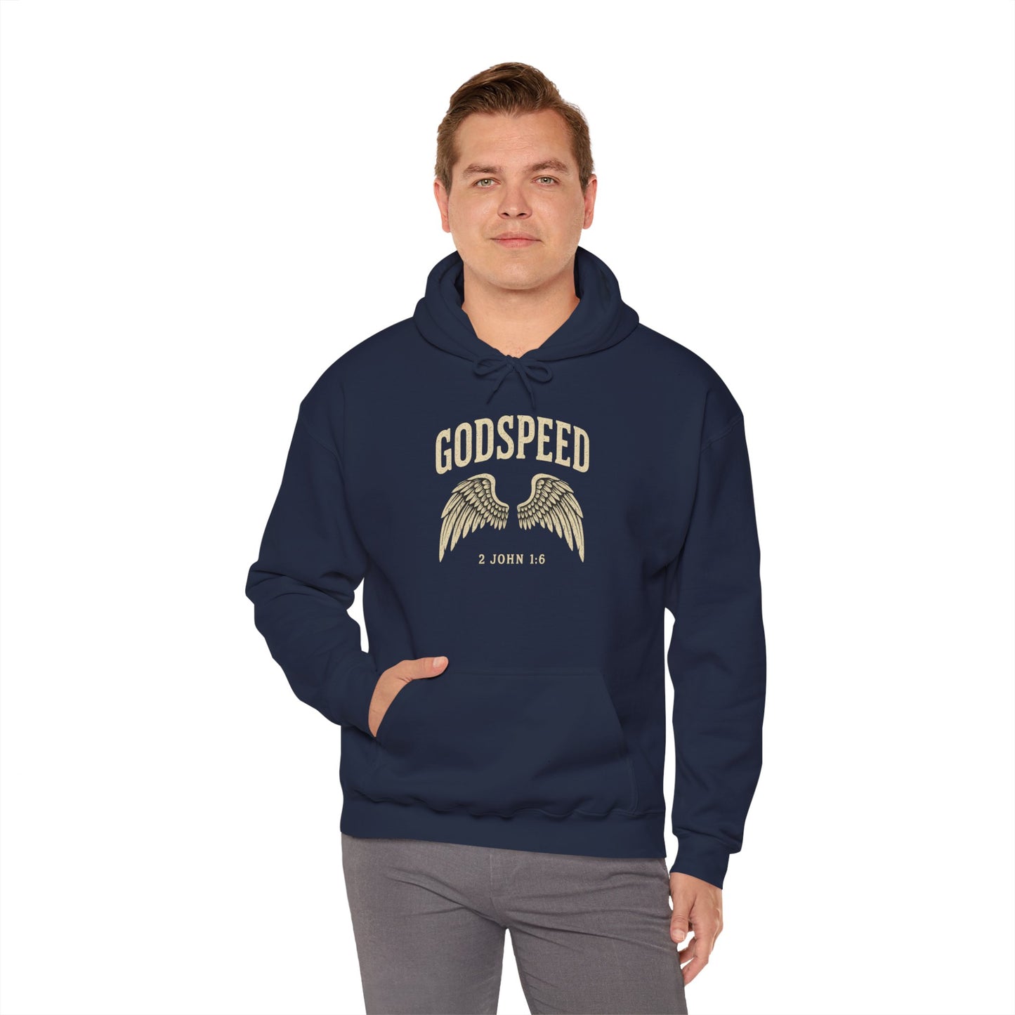 Vintage Godspeed Hoodie – Faith Streetwear with Wings Graphic, 2 John 1:6 Bible Verse