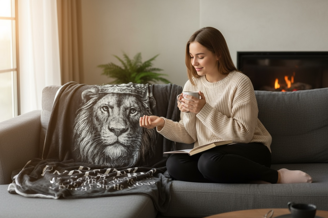 Faith Under Trial Lion Blanket — Daniel 6:22 Scripture Throw | Christian Plush Blanket, Inspirational Bible Verse Home Décor, Religious Gift