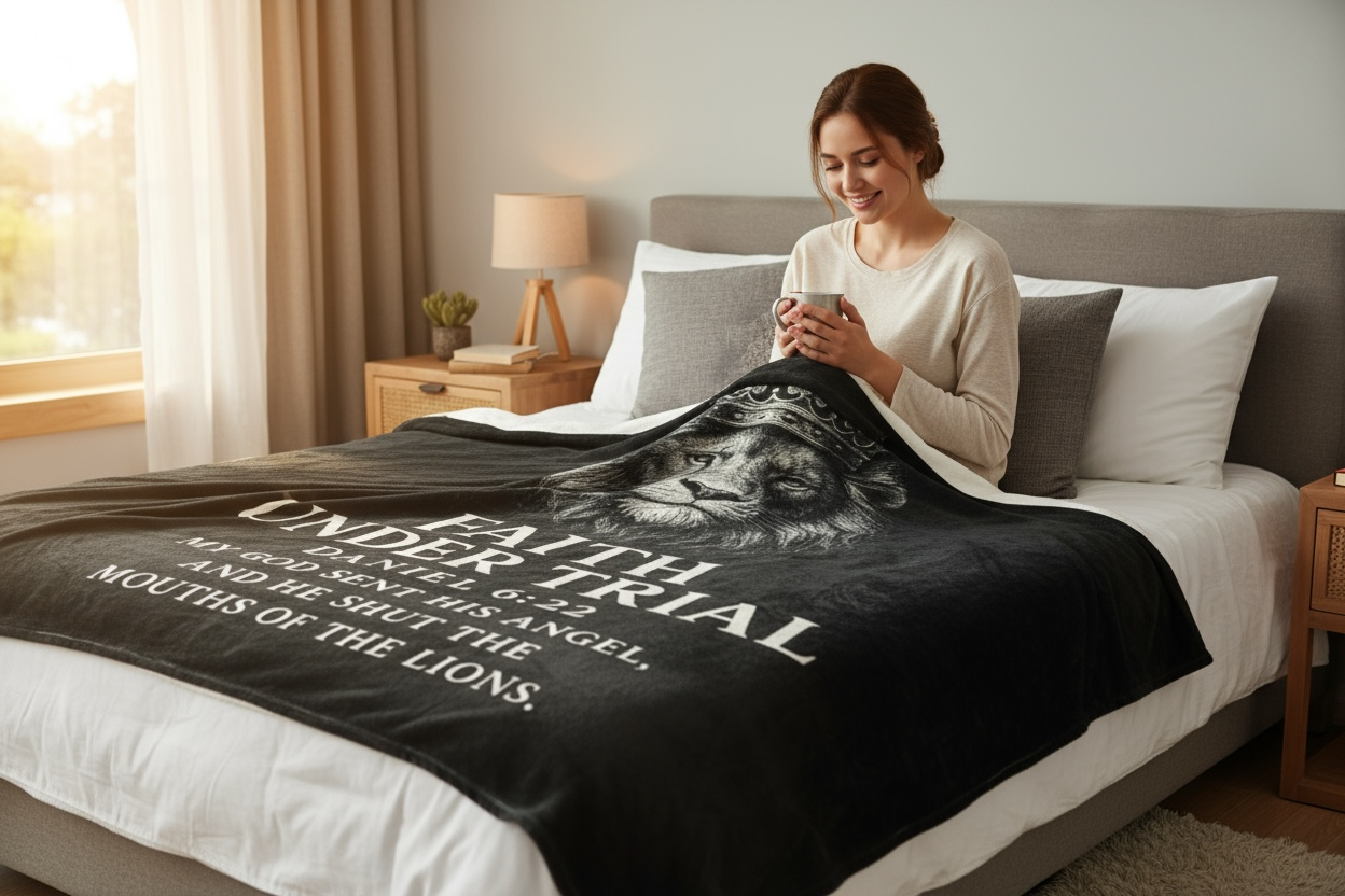 Faith Under Trial Lion Blanket — Daniel 6:22 Scripture Throw | Christian Plush Blanket, Inspirational Bible Verse Home Décor, Religious Gift