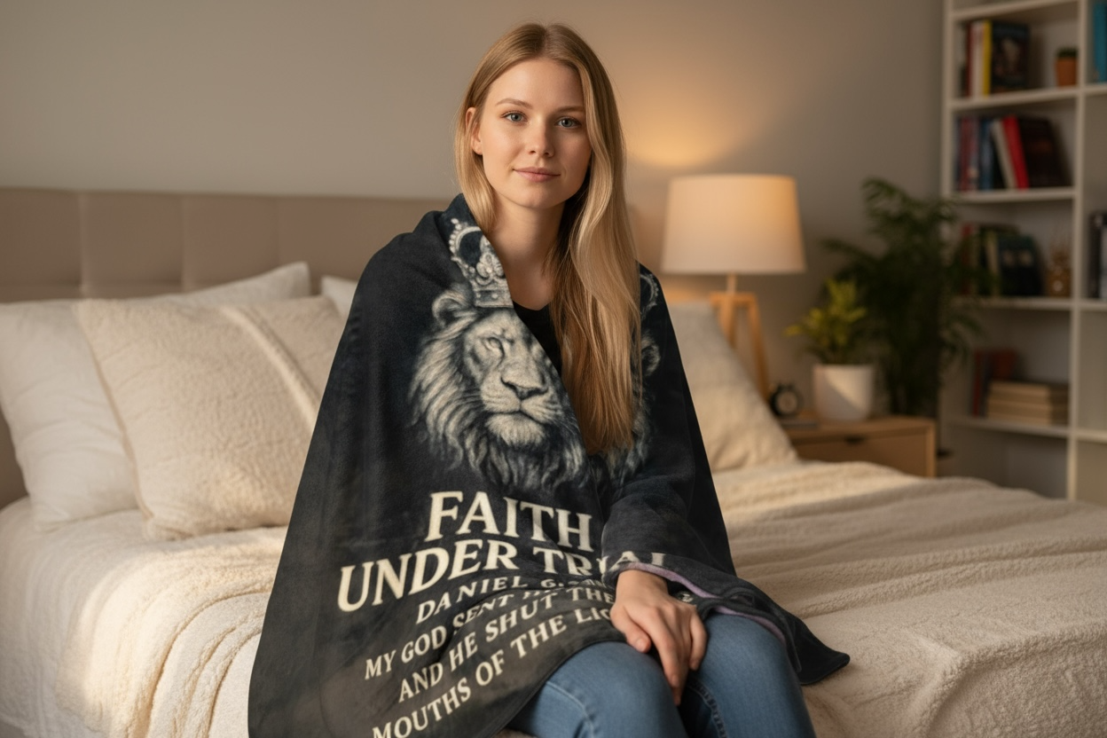 Faith Under Trial Lion Blanket — Daniel 6:22 Scripture Throw | Christian Plush Blanket, Inspirational Bible Verse Home Décor, Religious Gift