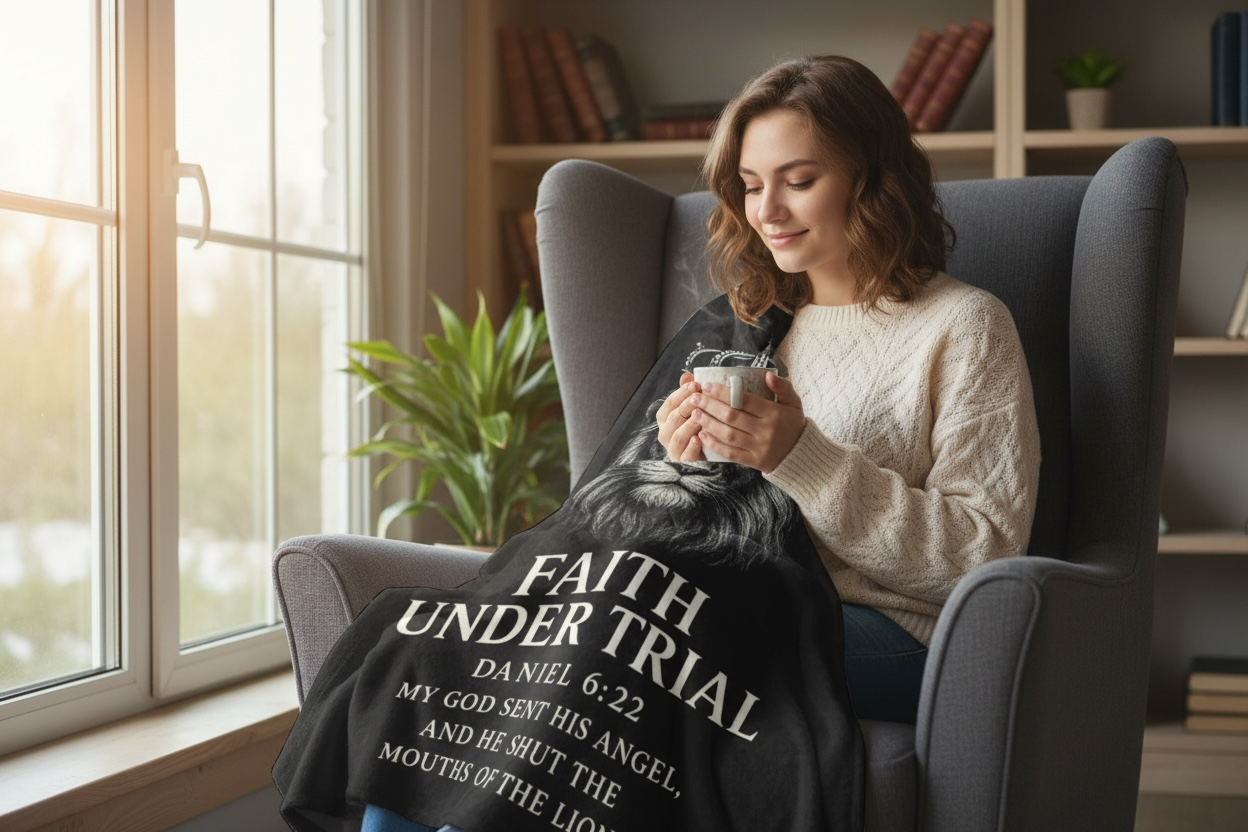 Faith Under Trial Lion Blanket — Daniel 6:22 Scripture Throw | Christian Plush Blanket, Inspirational Bible Verse Home Décor, Religious Gift