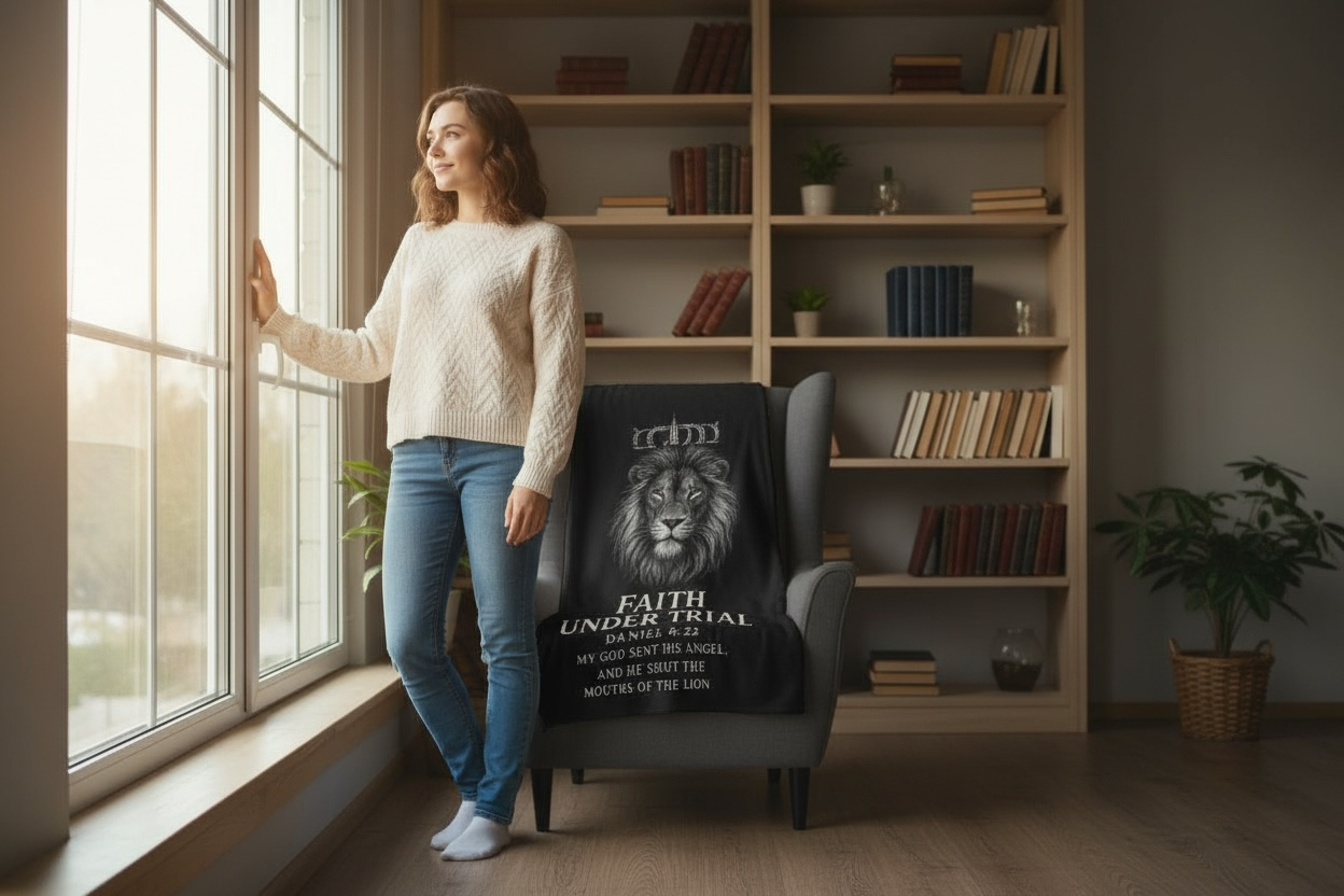 Faith Under Trial Lion Blanket — Daniel 6:22 Scripture Throw | Christian Plush Blanket, Inspirational Bible Verse Home Décor, Religious Gift