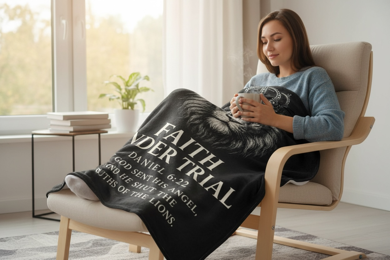 Faith Under Trial Lion Blanket — Daniel 6:22 Scripture Throw | Christian Plush Blanket, Inspirational Bible Verse Home Décor, Religious Gift